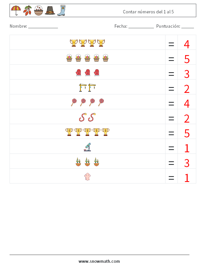 Contar números del 1 al 5 Hojas de trabajo de matemáticas 16 Pregunta, respuesta