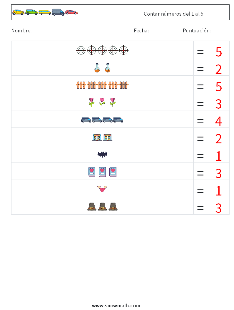 Contar números del 1 al 5 Hojas de trabajo de matemáticas 17 Pregunta, respuesta