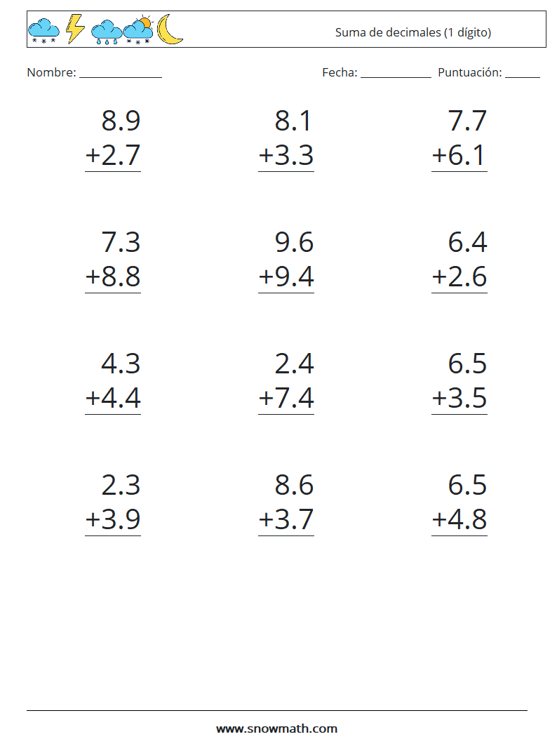 (12) suma de decimales (1 dígito) Hojas de trabajo de matemáticas ...