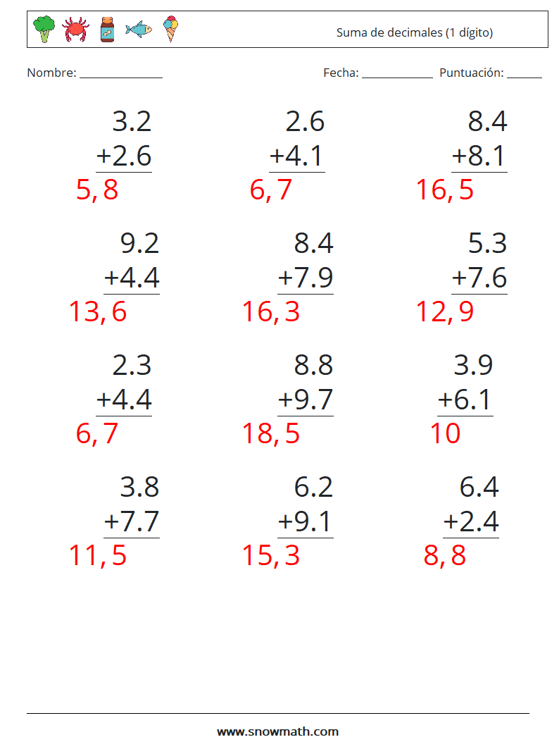 (12) Suma de decimales (1 dígito) Hojas de trabajo de matemáticas 14 Pregunta, respuesta