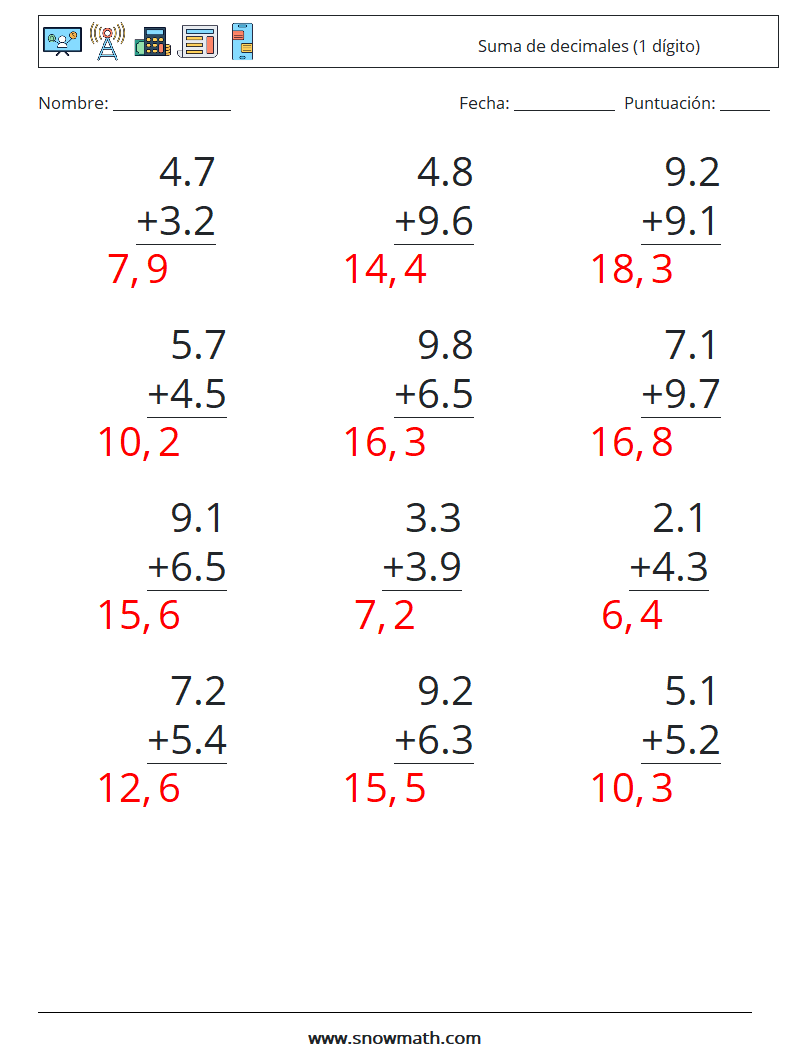 (12) Suma de decimales (1 dígito) Hojas de trabajo de matemáticas 17 Pregunta, respuesta