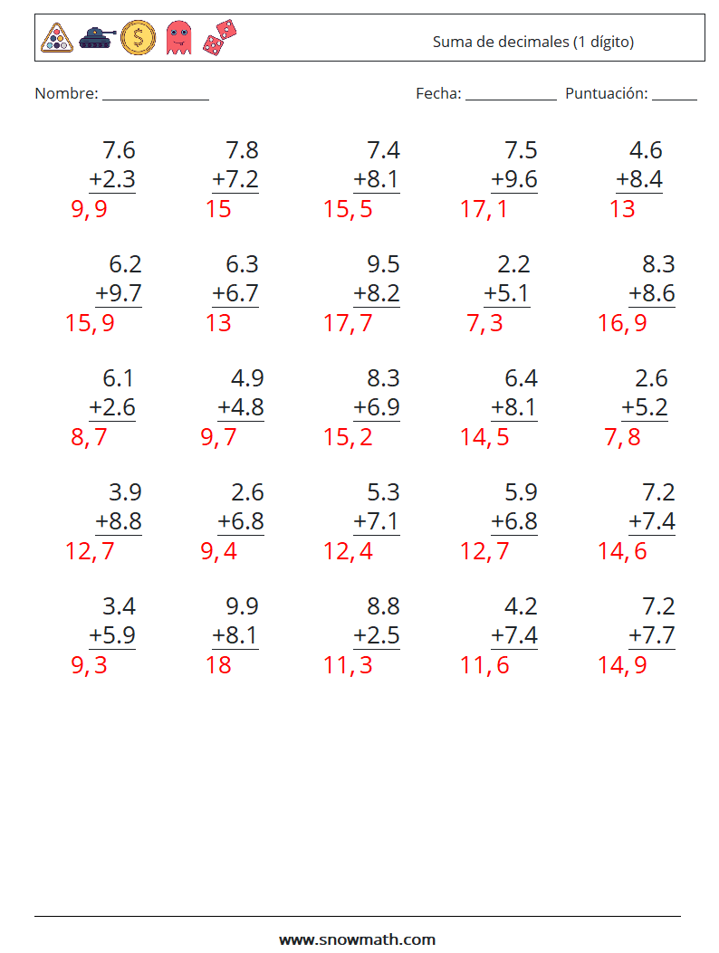 (25) Suma de decimales (1 dígito) Hojas de trabajo de matemáticas 10 Pregunta, respuesta