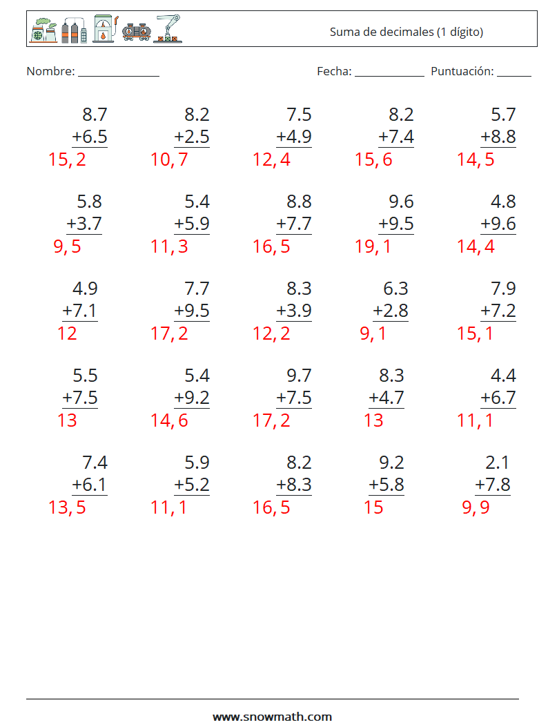 (25) Suma de decimales (1 dígito) Hojas de trabajo de matemáticas 14 Pregunta, respuesta