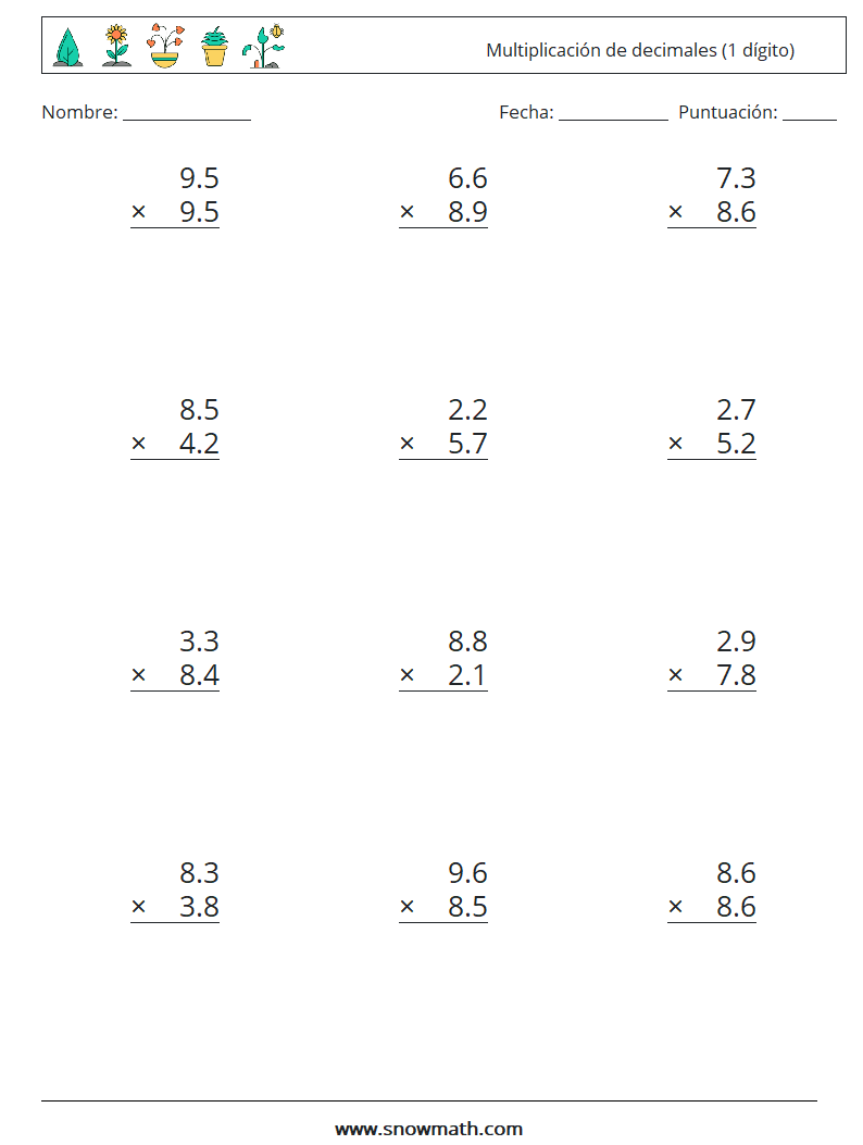 (12) Multiplicación de decimales (1 dígito)