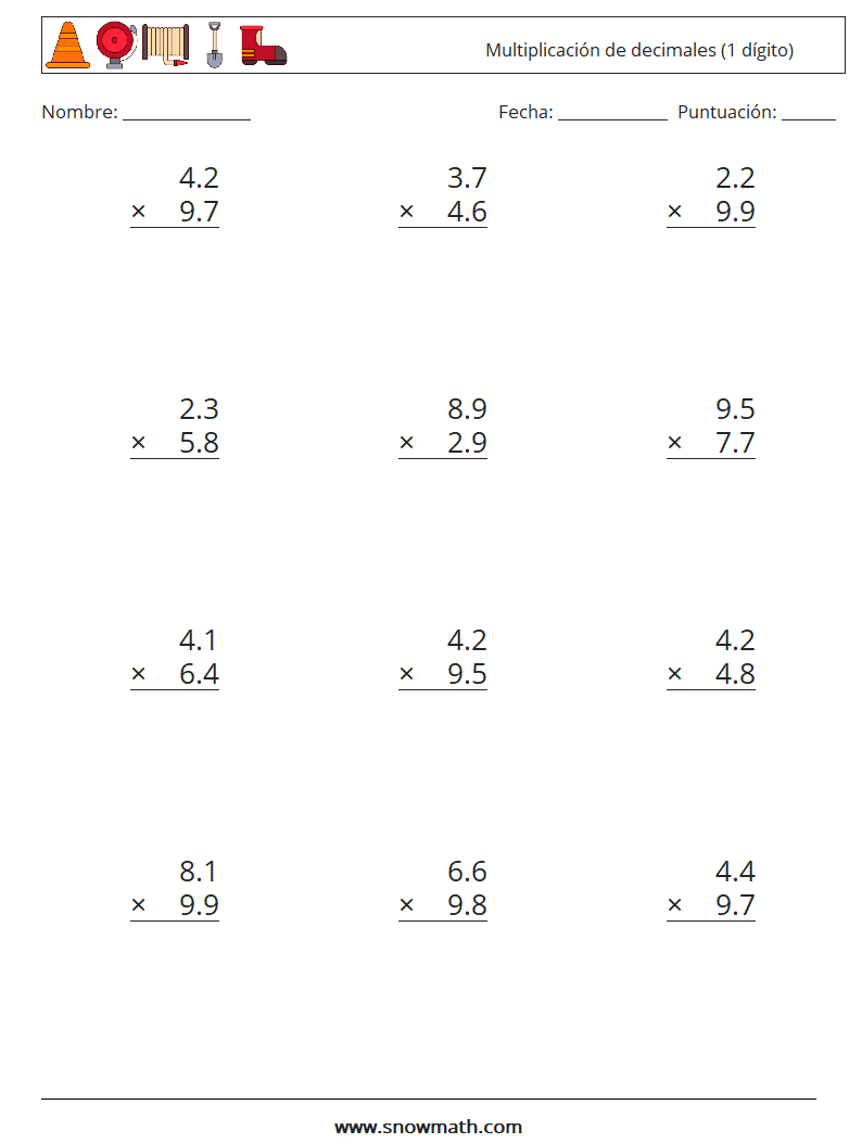 (12) Multiplicación de decimales (1 dígito) Hojas de trabajo de matemáticas 10