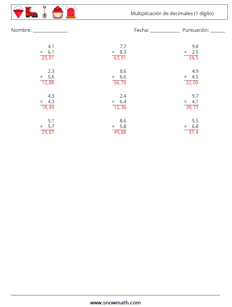 (12) Multiplicación de decimales (1 dígito) Hojas de trabajo de matemáticas 11 Pregunta, respuesta