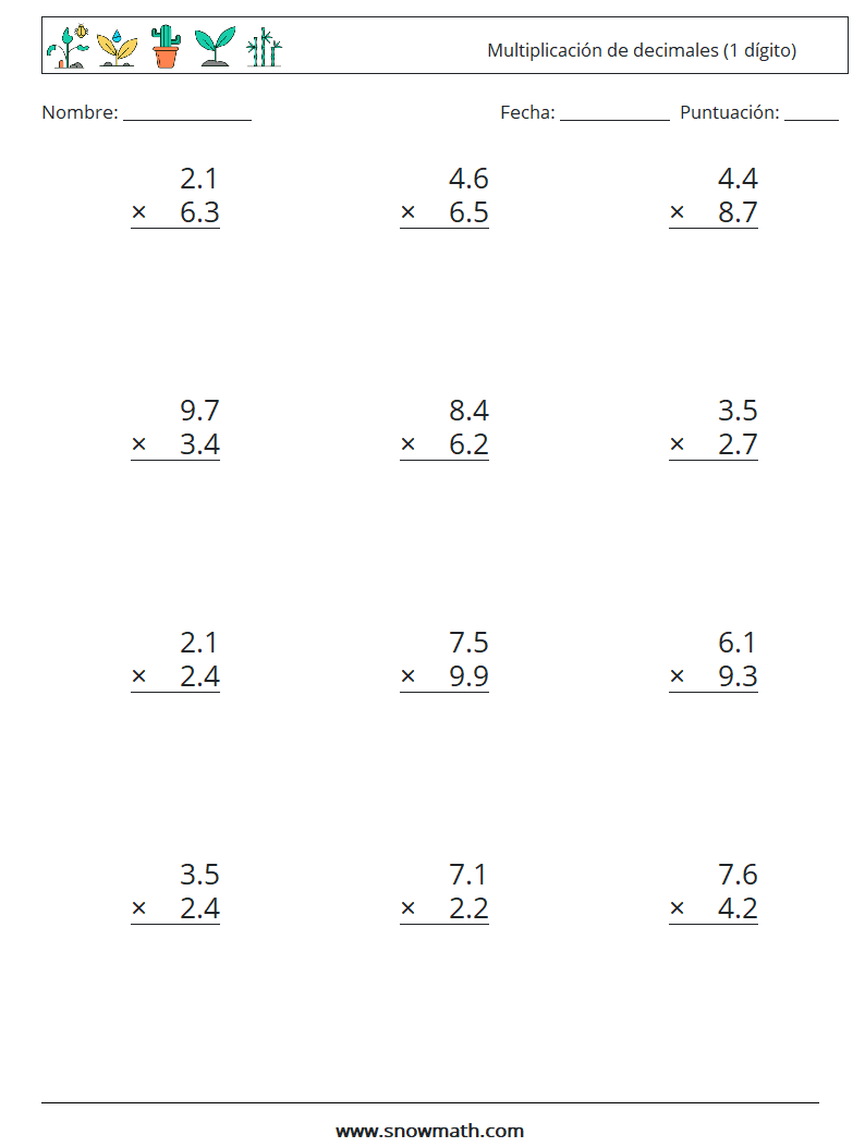 (12) Multiplicación de decimales (1 dígito) Hojas de trabajo de matemáticas 12