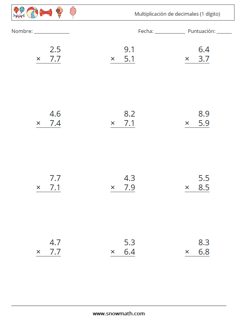 (12) Multiplicación de decimales (1 dígito) Hojas de trabajo de matemáticas 14