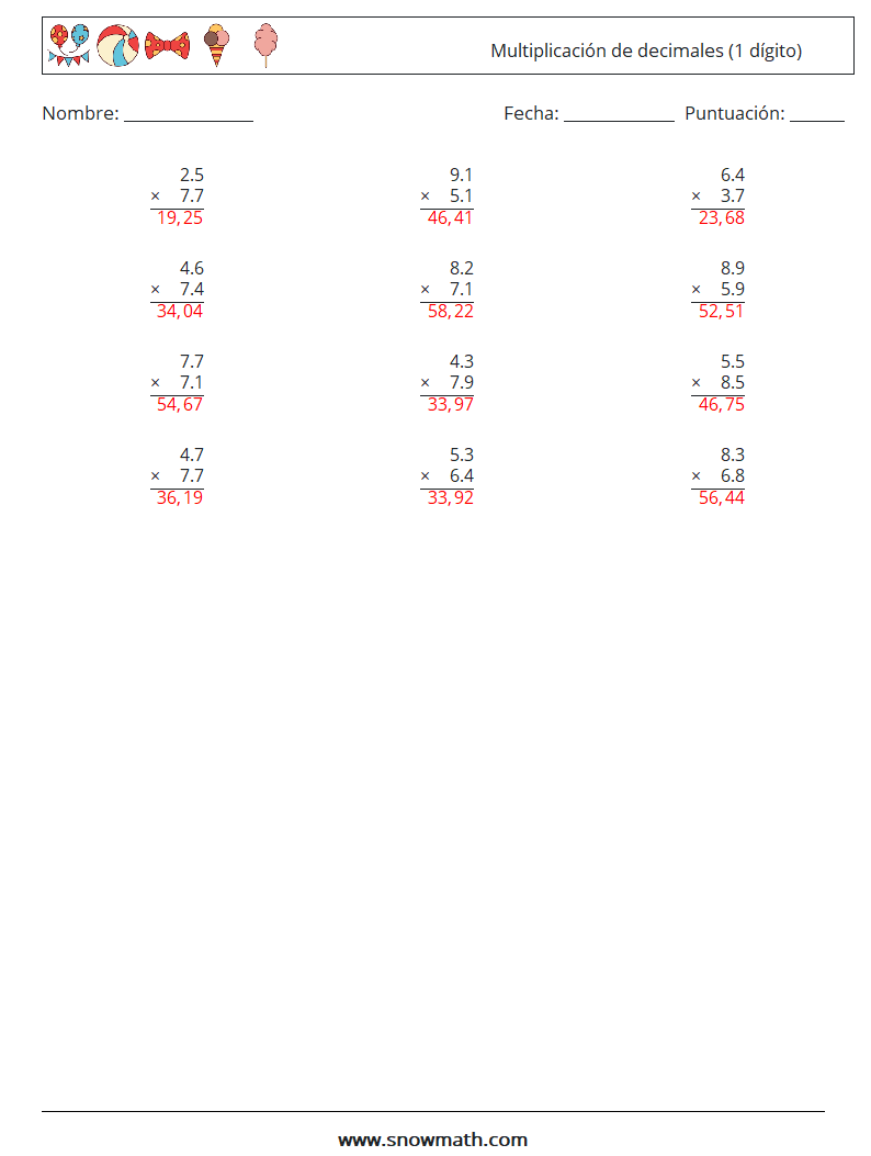 (12) Multiplicación de decimales (1 dígito) Hojas de trabajo de matemáticas 14 Pregunta, respuesta
