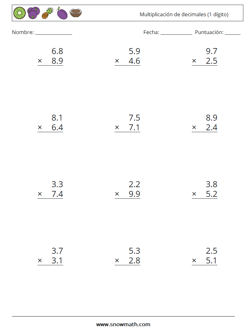 (12) Multiplicación de decimales (1 dígito) Hojas de trabajo de matemáticas 15