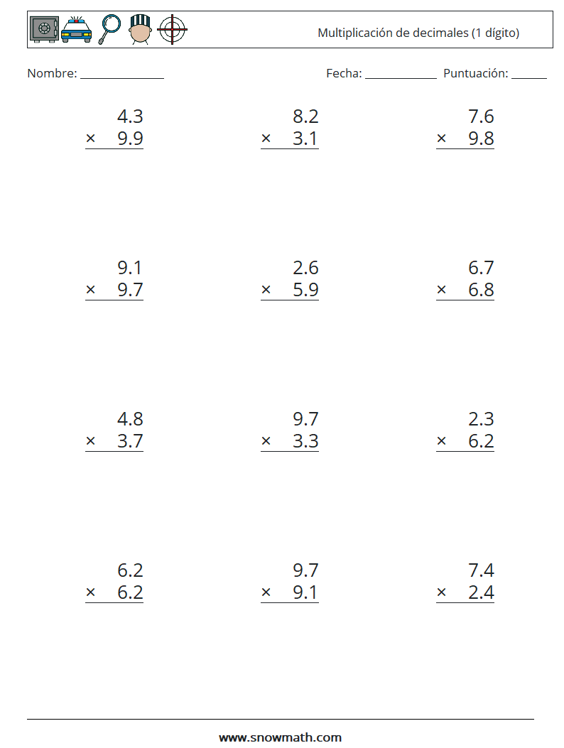 (12) Multiplicación de decimales (1 dígito) Hojas de trabajo de matemáticas 16