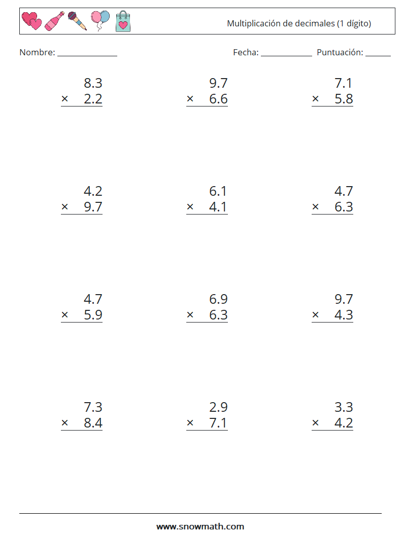 (12) Multiplicación de decimales (1 dígito) Hojas de trabajo de matemáticas 17