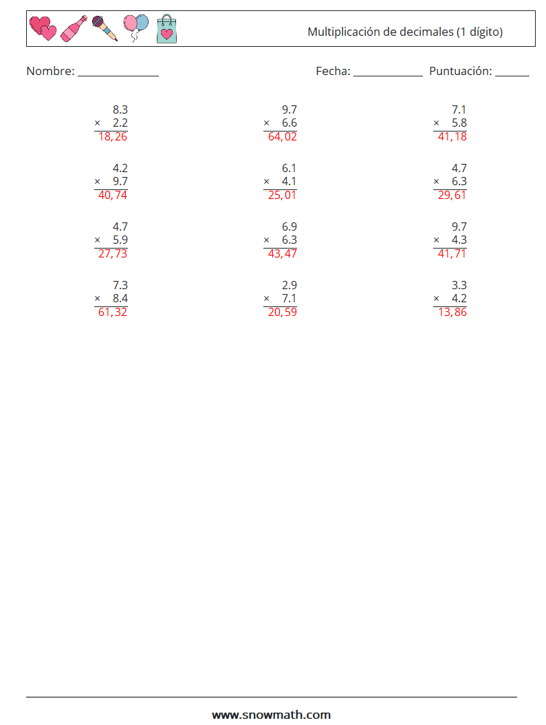 (12) Multiplicación de decimales (1 dígito) Hojas de trabajo de matemáticas 17 Pregunta, respuesta
