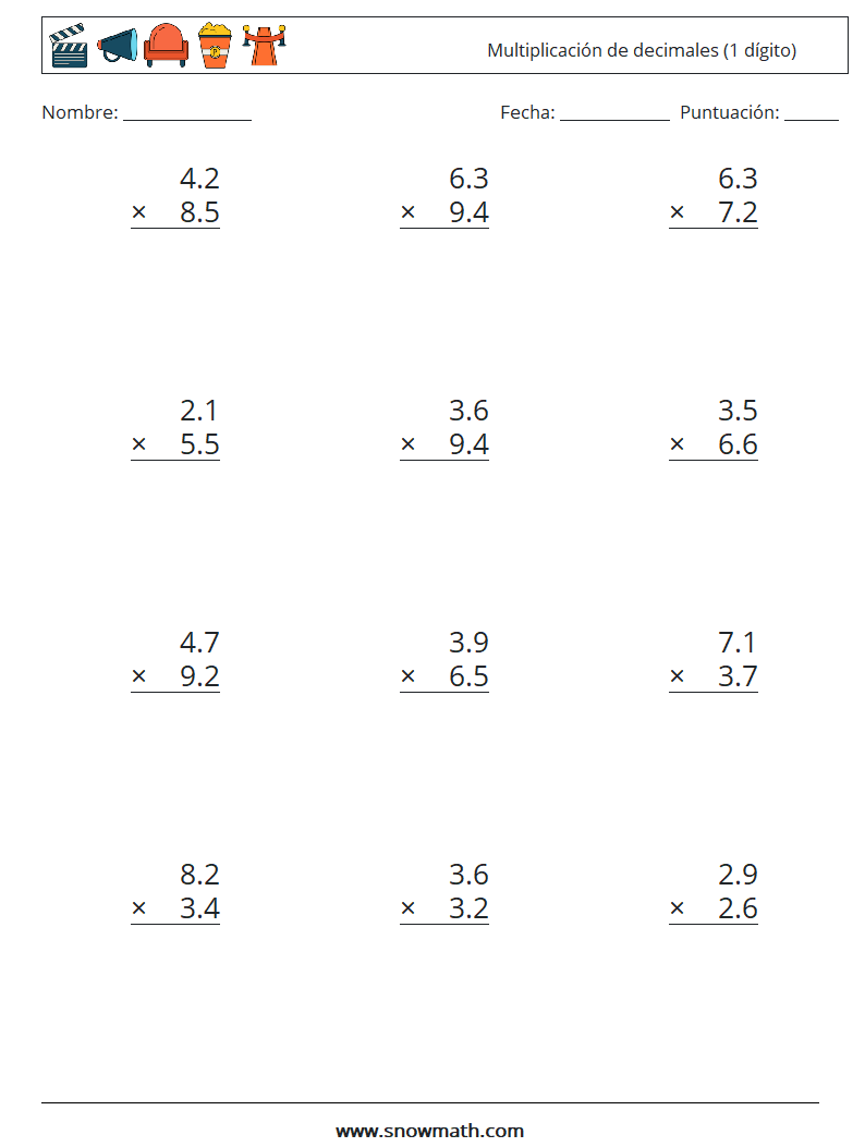 (12) Multiplicación de decimales (1 dígito) Hojas de trabajo de matemáticas 18