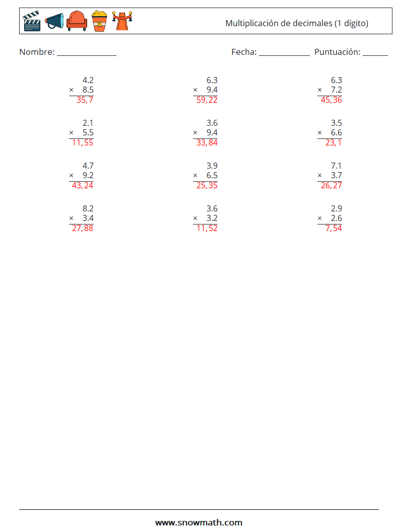 (12) Multiplicación de decimales (1 dígito) Hojas de trabajo de matemáticas 18 Pregunta, respuesta