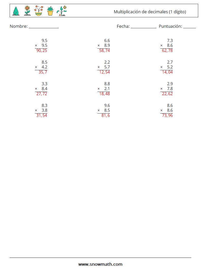 (12) Multiplicación de decimales (1 dígito) Hojas de trabajo de matemáticas 1 Pregunta, respuesta