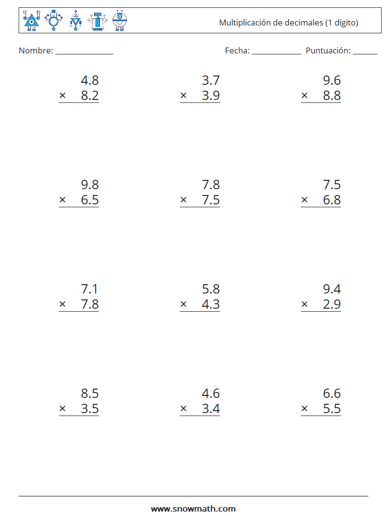 (12) Multiplicación de decimales (1 dígito) Hojas de trabajo de matemáticas 2