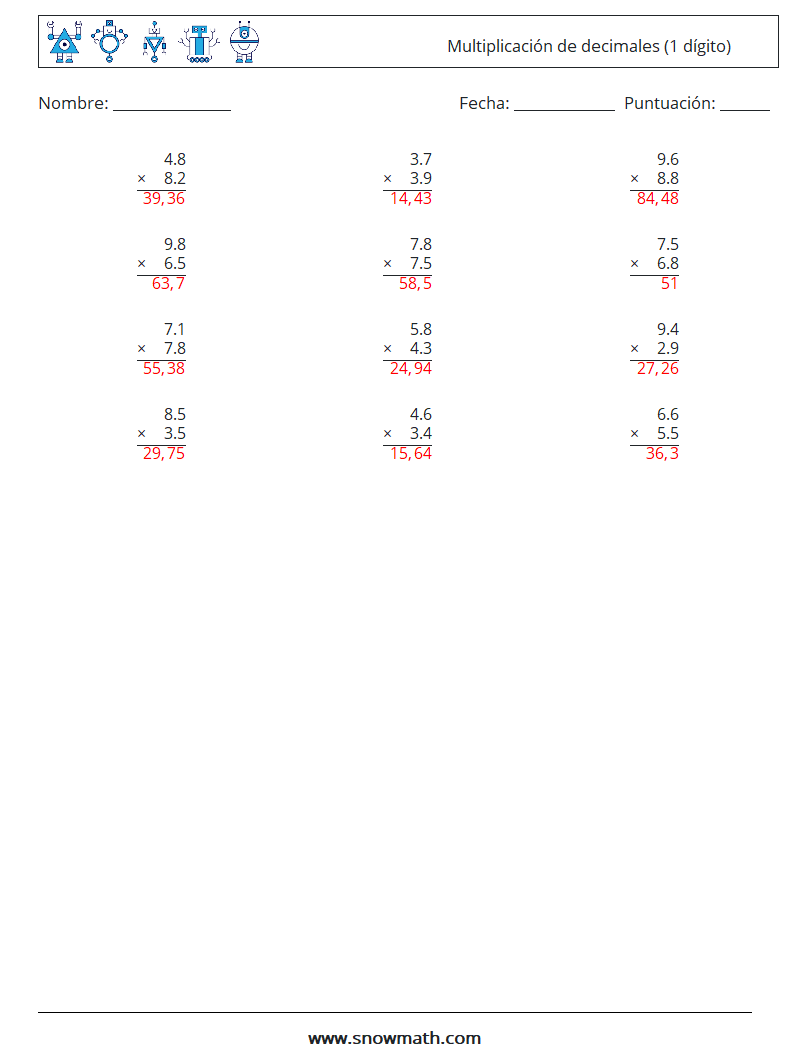 (12) Multiplicación de decimales (1 dígito) Hojas de trabajo de matemáticas 2 Pregunta, respuesta