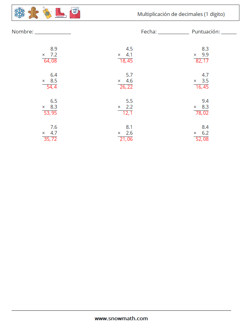(12) Multiplicación de decimales (1 dígito) Hojas de trabajo de matemáticas 6 Pregunta, respuesta