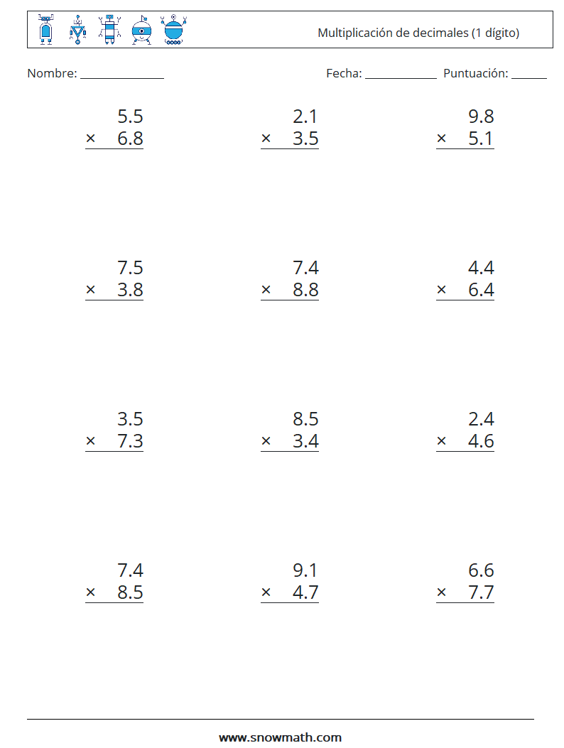 (12) Multiplicación de decimales (1 dígito) Hojas de trabajo de matemáticas 8