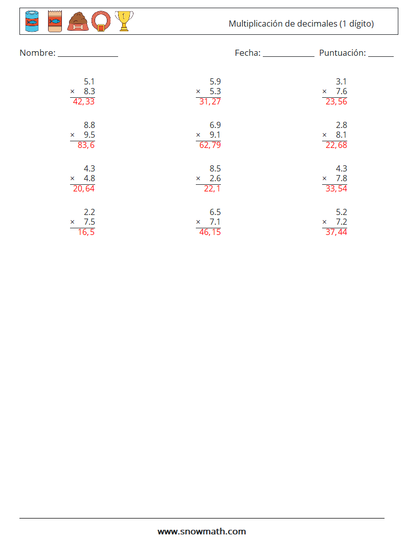 (12) Multiplicación de decimales (1 dígito) Hojas de trabajo de matemáticas 9 Pregunta, respuesta