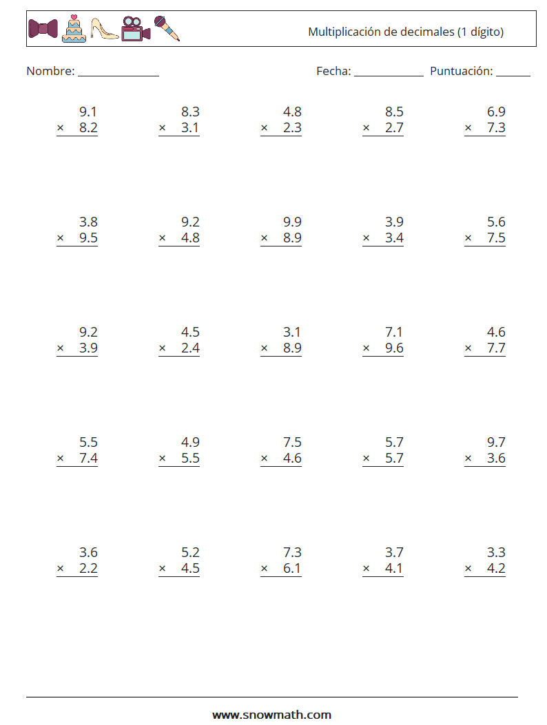 (25) Multiplicación de decimales (1 dígito) Hojas de trabajo de matemáticas 10