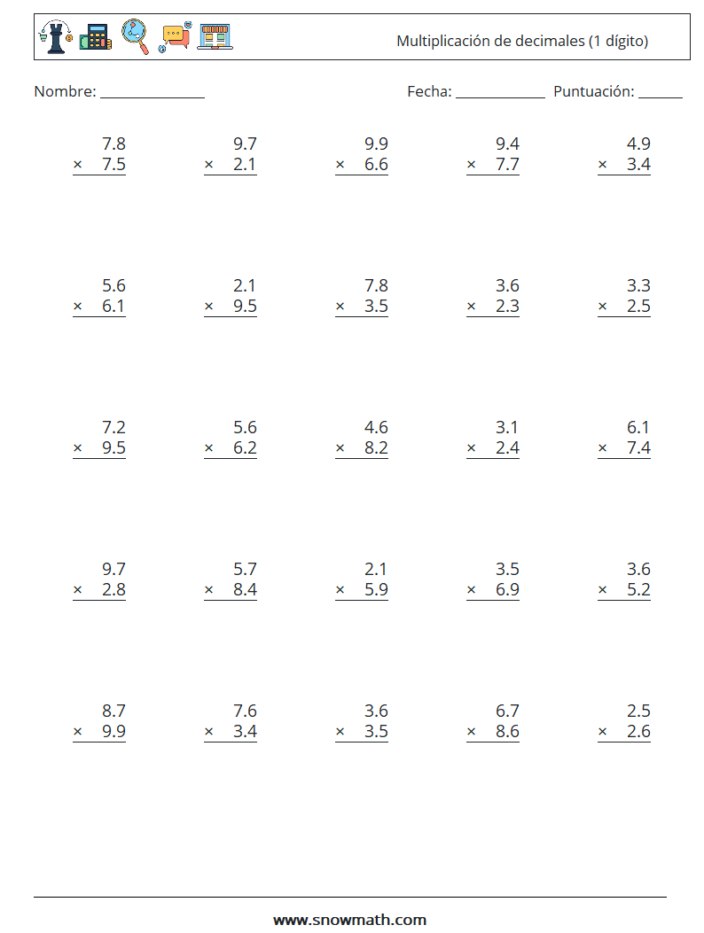 (25) Multiplicación de decimales (1 dígito) Hojas de trabajo de matemáticas 11