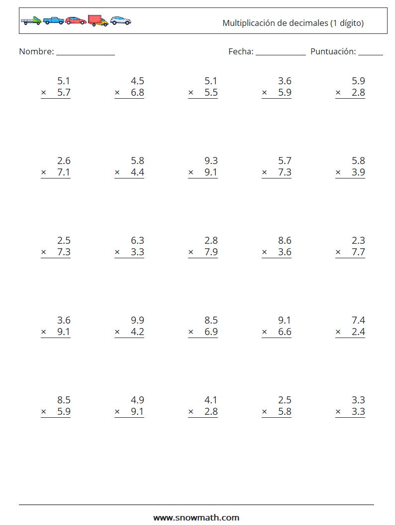 (25) Multiplicación de decimales (1 dígito) Hojas de trabajo de matemáticas 15