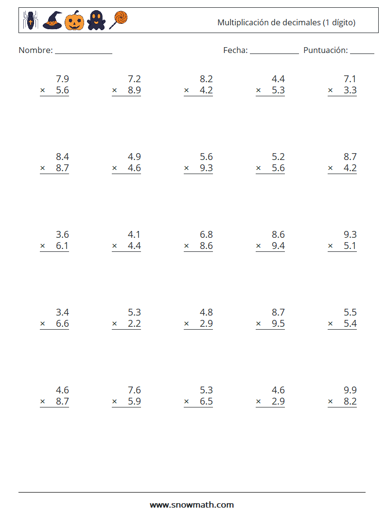 (25) Multiplicación de decimales (1 dígito) Hojas de trabajo de matemáticas 18