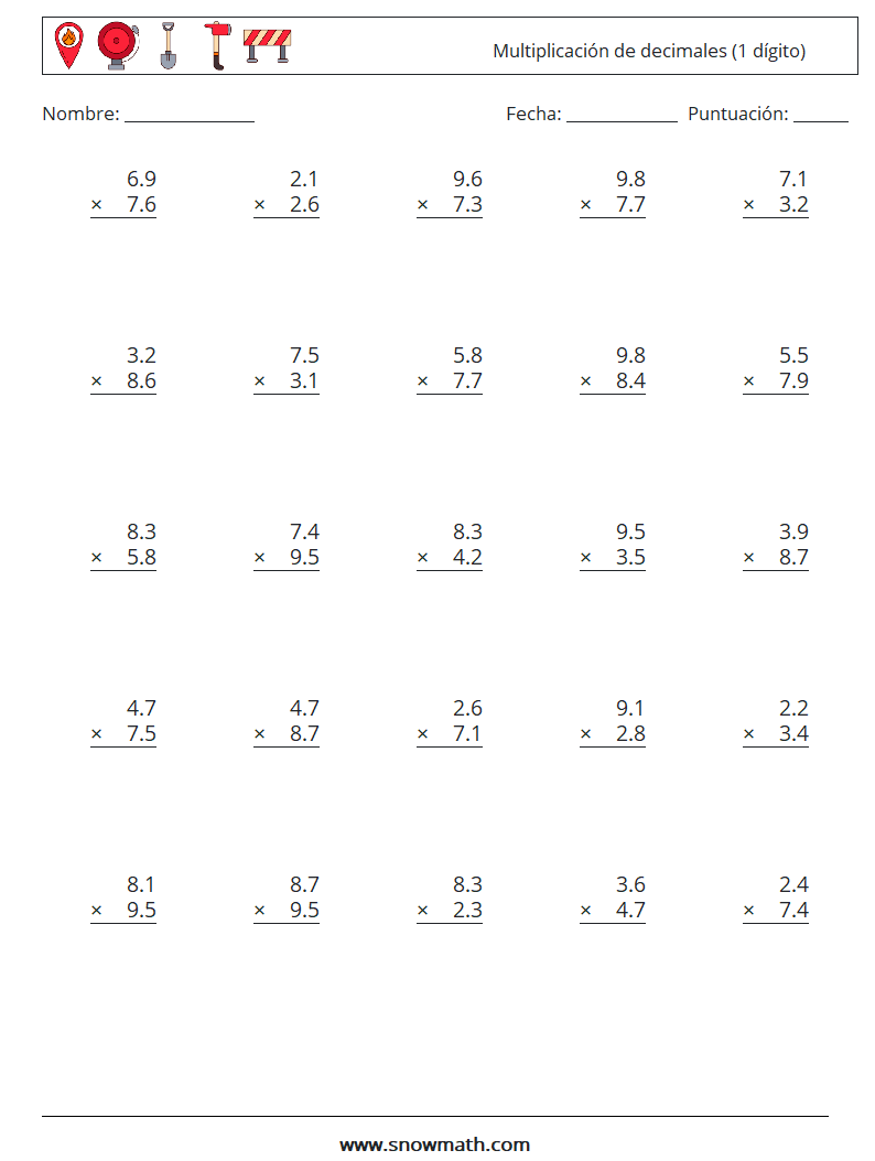 (25) Multiplicación de decimales (1 dígito) Hojas de trabajo de matemáticas 3