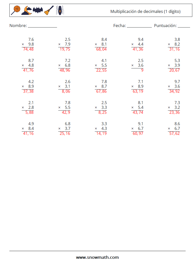 (25) Multiplicación de decimales (1 dígito) Hojas de trabajo de matemáticas 5 Pregunta, respuesta
