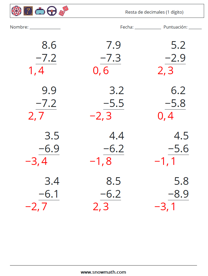 (12) Resta de decimales (1 dígito) Hojas de trabajo de matemáticas 11 Pregunta, respuesta