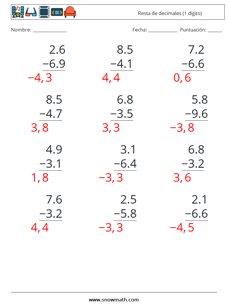 (12) Resta de decimales (1 dígito) Hojas de trabajo de matemáticas 14 Pregunta, respuesta