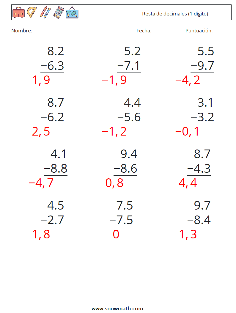 (12) Resta de decimales (1 dígito) Hojas de trabajo de matemáticas 17 Pregunta, respuesta