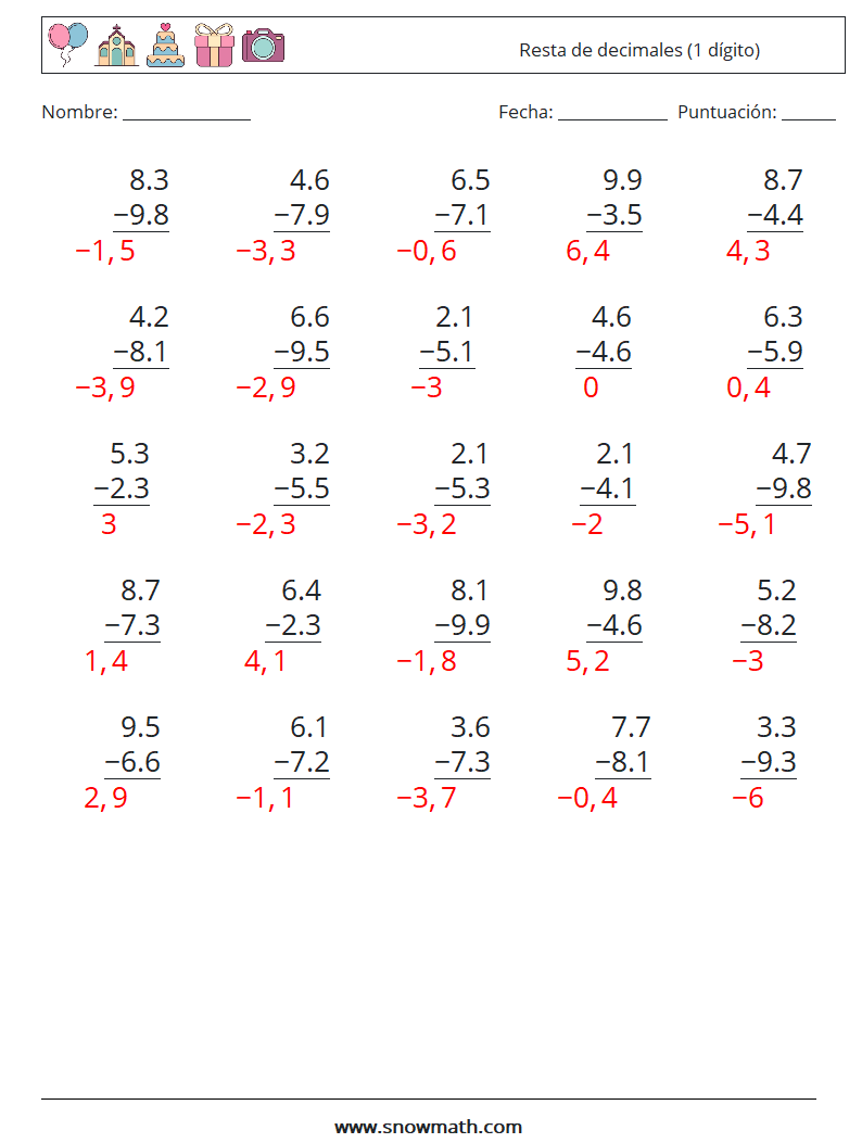 (25) Resta de decimales (1 dígito) Hojas de trabajo de matemáticas 13 Pregunta, respuesta