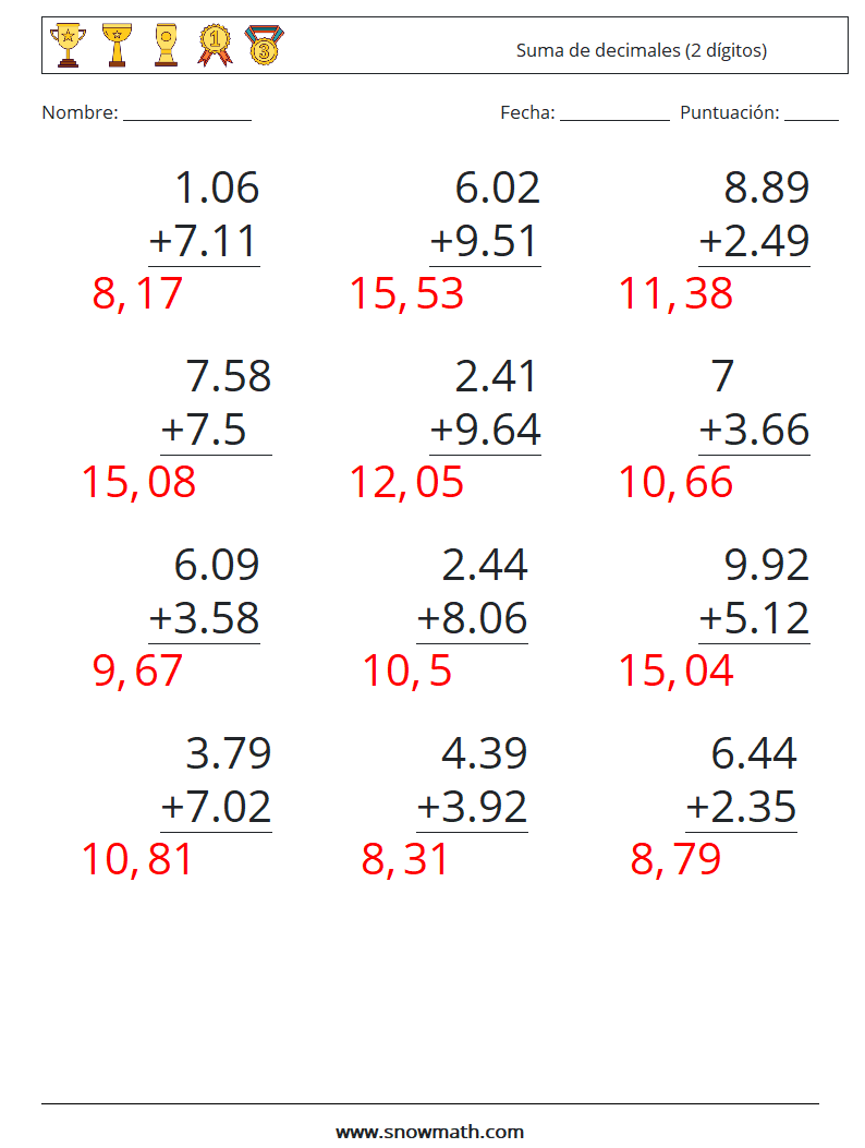 (12) Suma de decimales (2 dígitos) Hojas de trabajo de matemáticas 12 Pregunta, respuesta