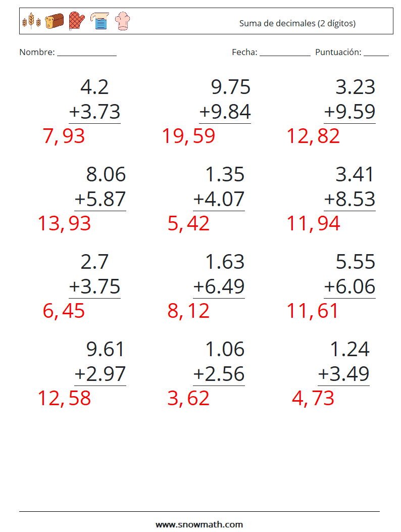 (12) Suma de decimales (2 dígitos) Hojas de trabajo de matemáticas 14 Pregunta, respuesta