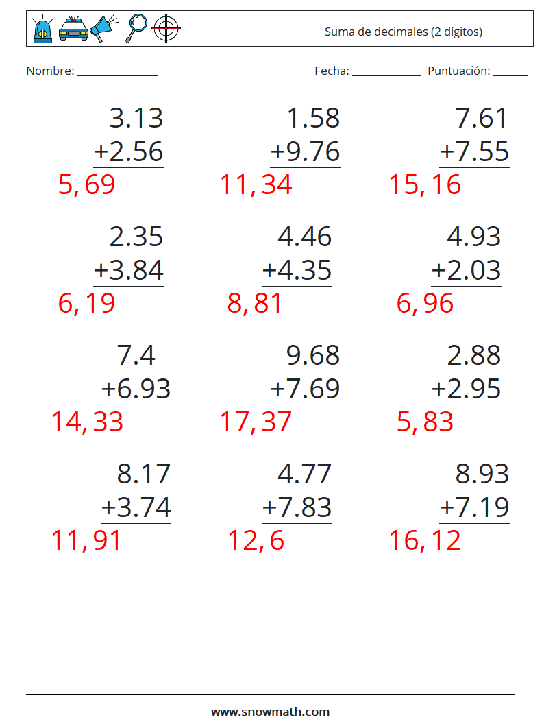 (12) Suma de decimales (2 dígitos) Hojas de trabajo de matemáticas 16 Pregunta, respuesta