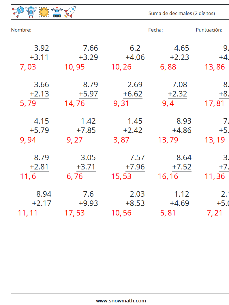 (25) Suma de decimales (2 dígitos) Hojas de trabajo de matemáticas 12 Pregunta, respuesta