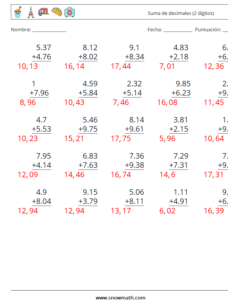 (25) Suma de decimales (2 dígitos) Hojas de trabajo de matemáticas 15 Pregunta, respuesta