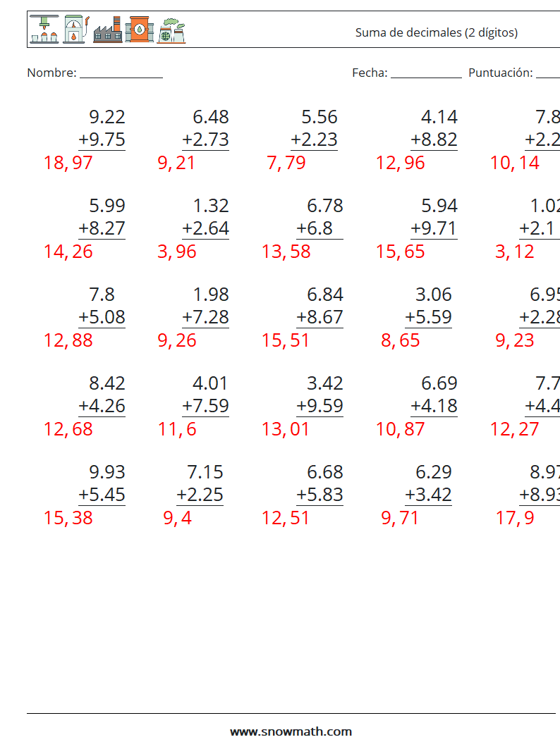 (25) Suma de decimales (2 dígitos) Hojas de trabajo de matemáticas 16 Pregunta, respuesta