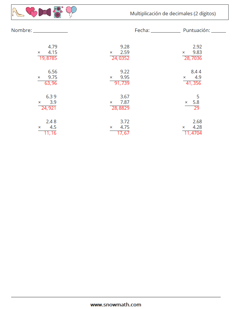 (12) Multiplicación de decimales (2 dígitos) Hojas de trabajo de matemáticas 12 Pregunta, respuesta