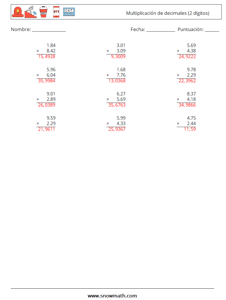 (12) Multiplicación de decimales (2 dígitos) Hojas de trabajo de matemáticas 13 Pregunta, respuesta