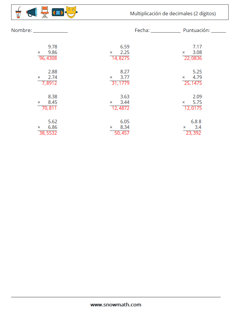 (12) Multiplicación de decimales (2 dígitos) Hojas de trabajo de matemáticas 15 Pregunta, respuesta