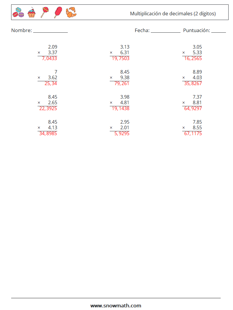 (12) Multiplicación de decimales (2 dígitos) Hojas de trabajo de matemáticas 16 Pregunta, respuesta