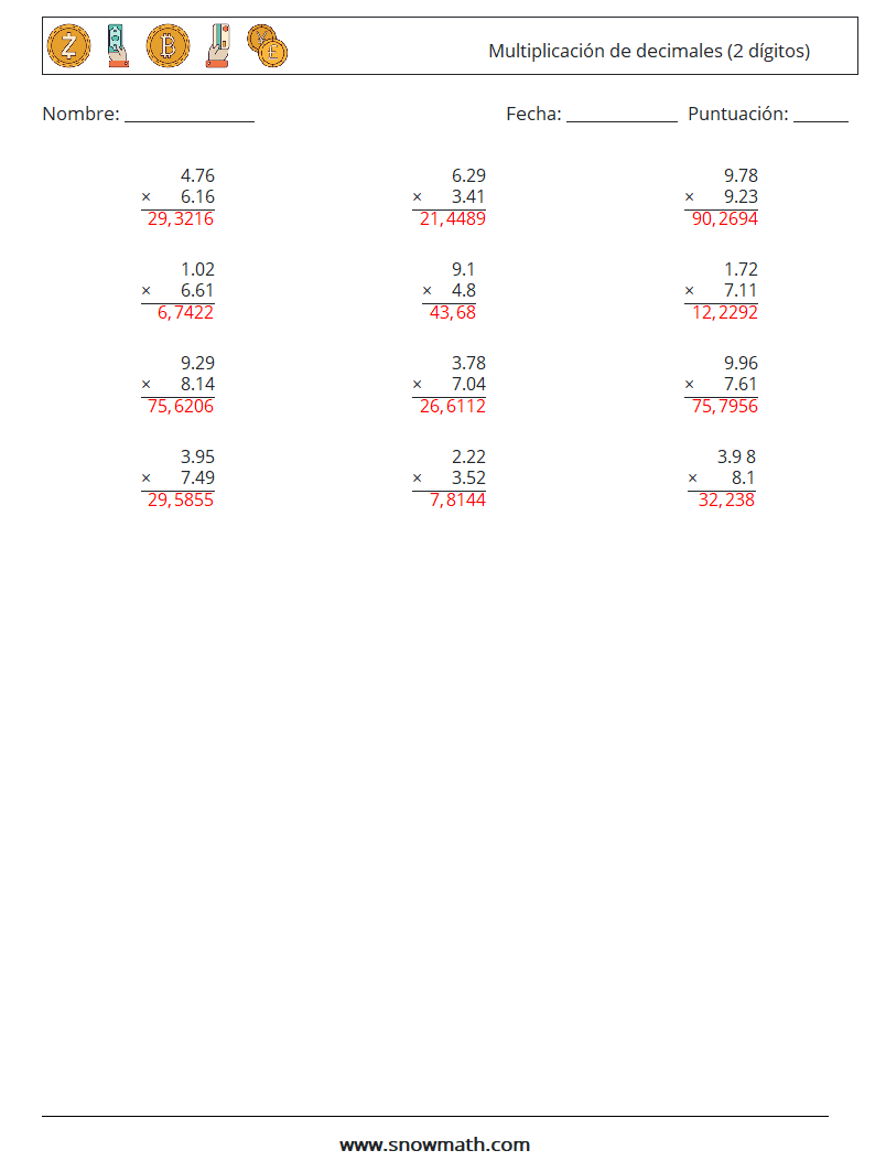 (12) Multiplicación de decimales (2 dígitos) Hojas de trabajo de matemáticas 18 Pregunta, respuesta