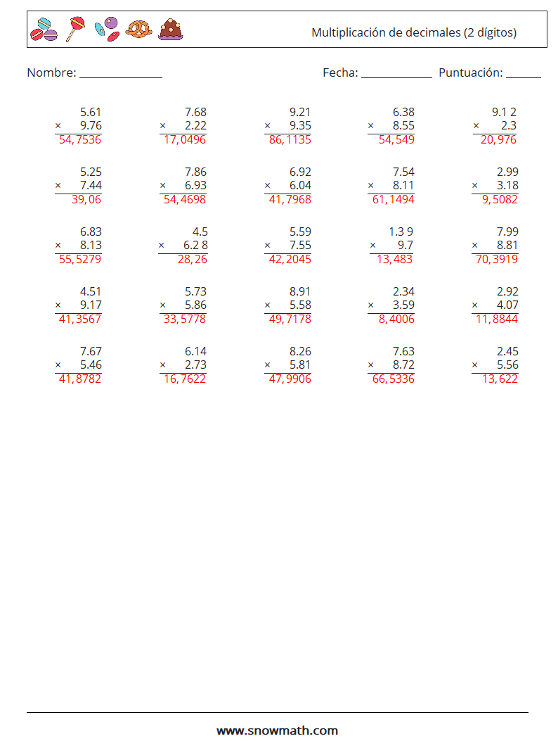 (25) Multiplicación de decimales (2 dígitos) Hojas de trabajo de matemáticas 12 Pregunta, respuesta