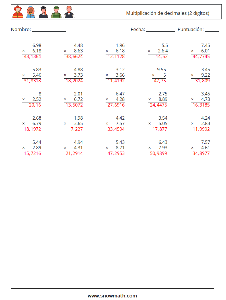 (25) Multiplicación de decimales (2 dígitos) Hojas de trabajo de matemáticas 14 Pregunta, respuesta