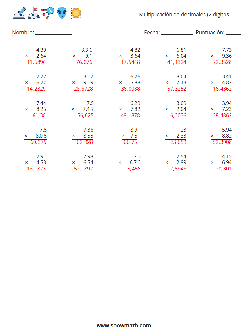 (25) Multiplicación de decimales (2 dígitos) Hojas de trabajo de matemáticas 15 Pregunta, respuesta