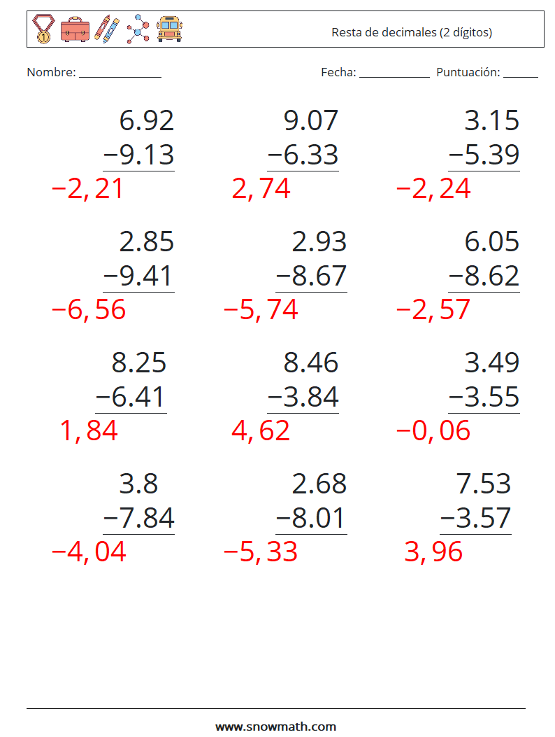 (12) Resta de decimales (2 dígitos) Hojas de trabajo de matemáticas 11 Pregunta, respuesta